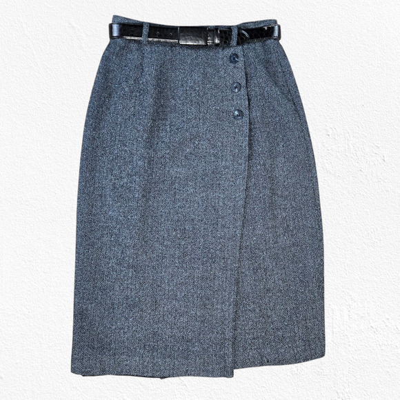 1990s Vintage Blue Gray Wool Blend Herringbone Front Button Wrap Skirt Size 10P - Picture 1 of 10